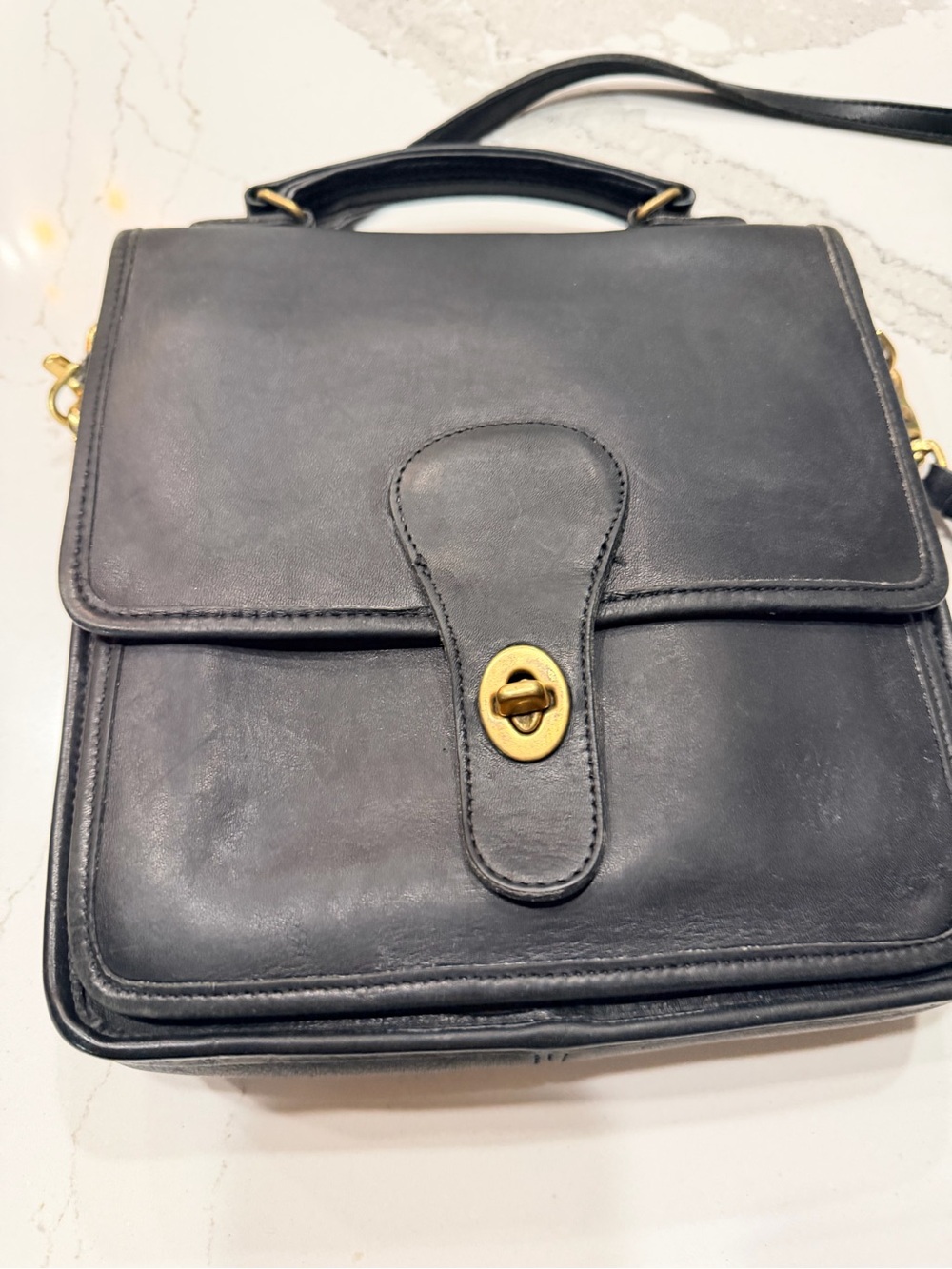 Vintage late 80’s early 90’s Classic Black Leather Messenger Bag with Turn-Lock